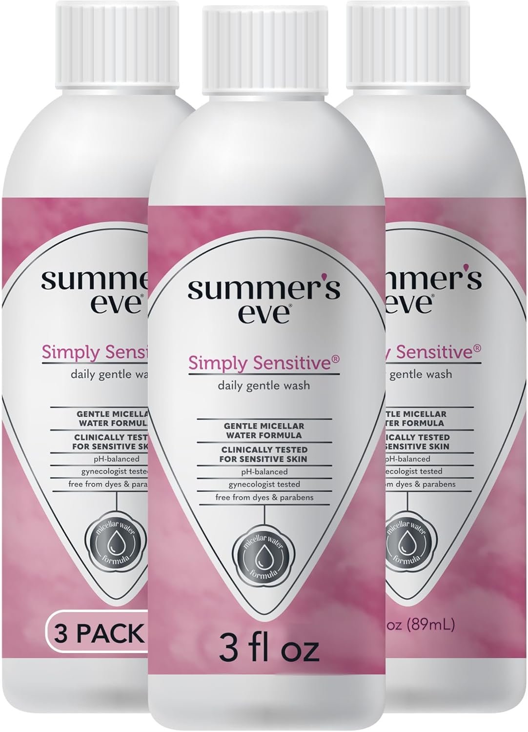 Summer’s Eve Simply Sensitive Travel Size All-Over Feminine Wash, pH Balance Feminine Wash Formulated to Remove Odor, 3 Fl Oz, Pack of 3