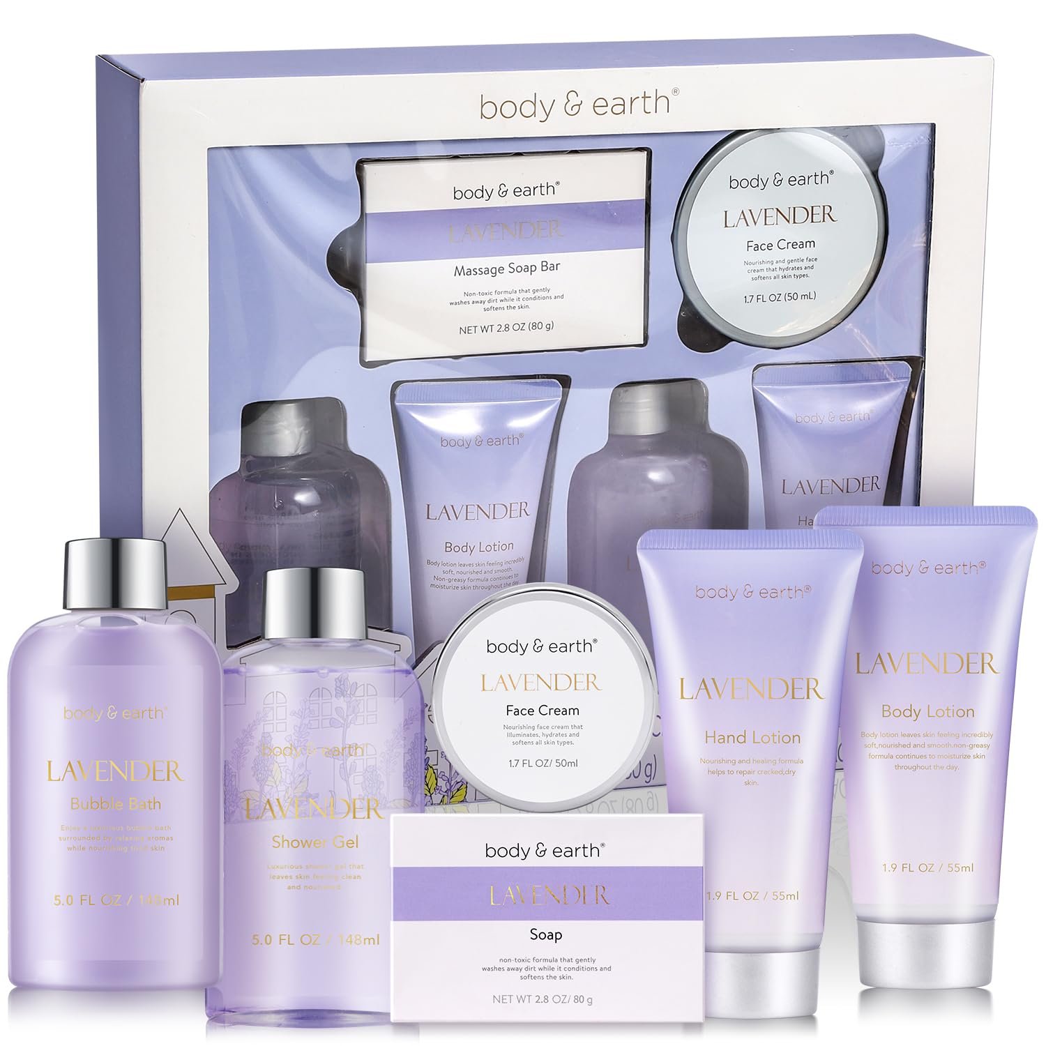 BODY & EARTH Bath and Body Gift Set – 6 Pcs Lavender Bath Kit for Women Spa Set, Birthday, Mother’s Day Gift Set for Women Includes Bubble Bath, Shower Gel, Body Lotion