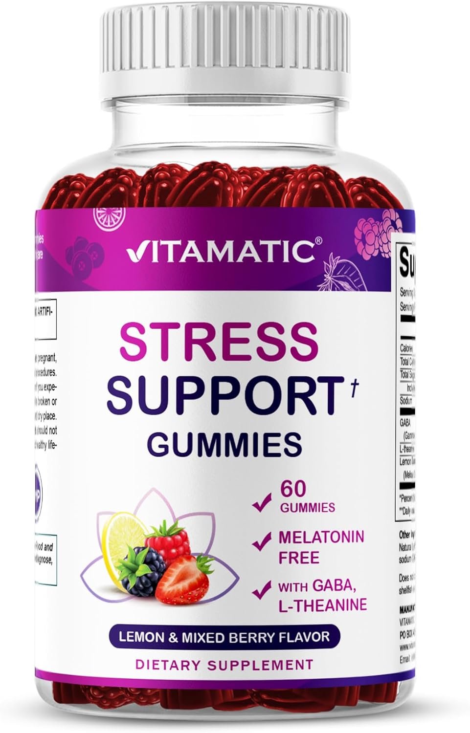 Vitamatic Stress Relief Gummies with GABA, L-Theanine, Lemon Balm – Lemon & Mixed Berry Flavor – 60 Gummies – Vegan, Non-GMO, Gluten-Free