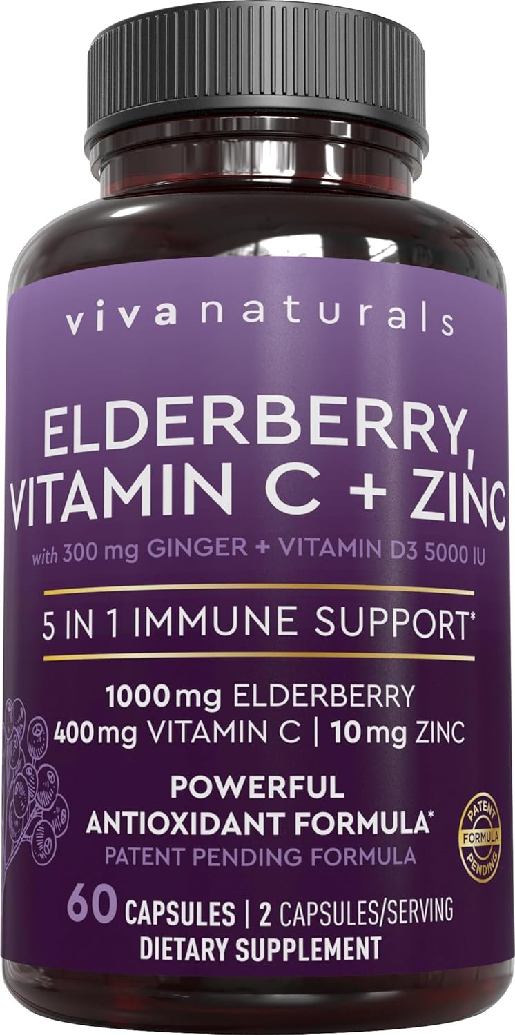 Viva Naturals Black Elderberry 1000mg with Vitamin C, D3 5000 IU & Zinc – 5-in-1 Immune Support Supplement for Adults, Sambucus Elderberry Capsules with Ginger for Men and Women, (60 Capsules)