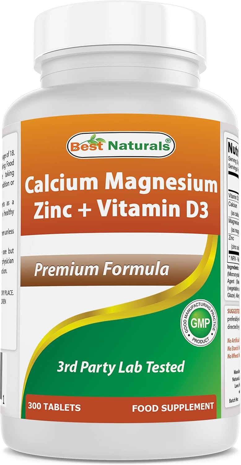 Best Naturals Calcium Magnesium Zinc with Vitamin D3, 300 Tablets – Calcium 1000 mg, Magnesium 400 mg, Zinc 25 mg & D3 600 IU per Serving (3 Tablets)