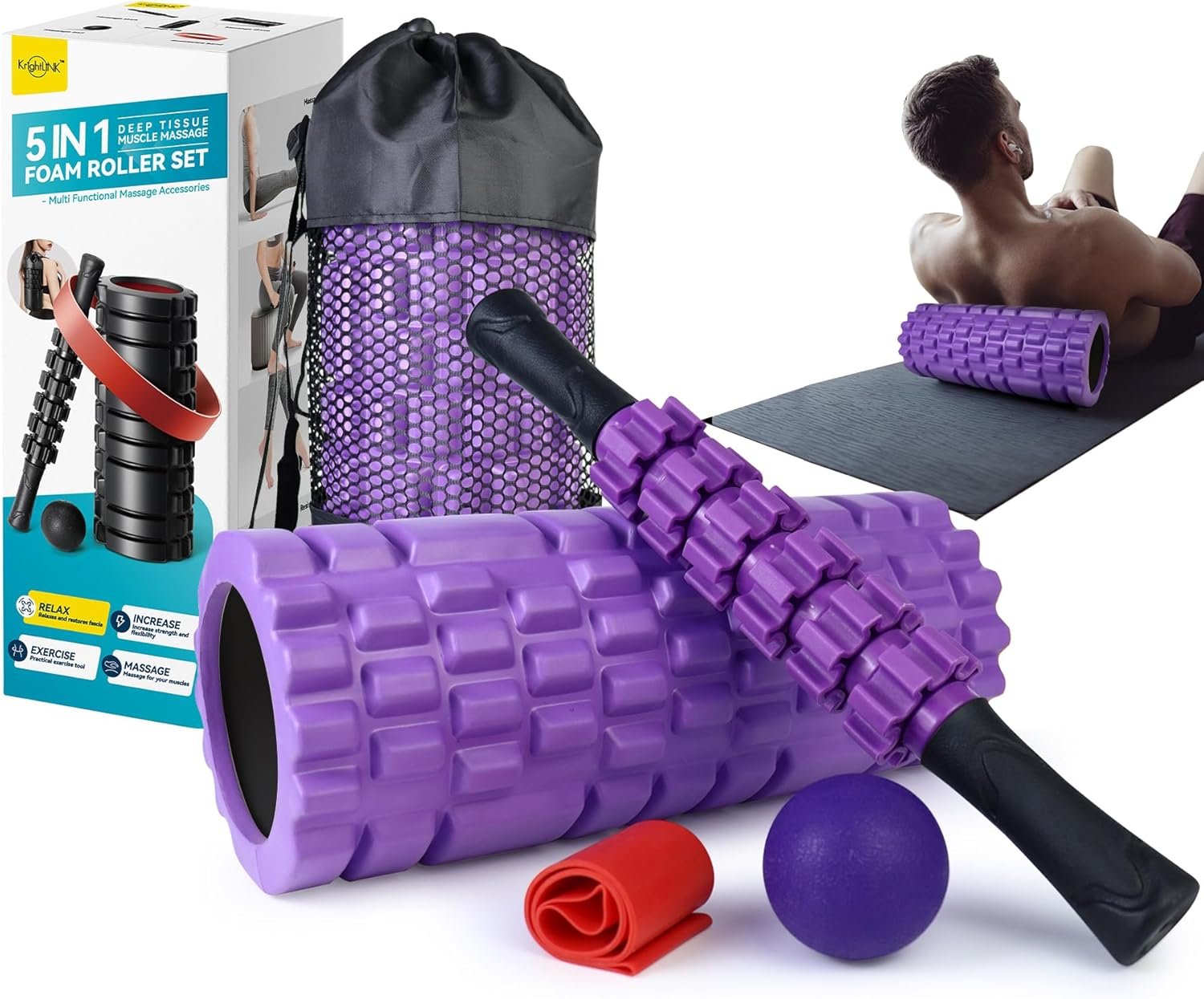 Krightlink 5 in1 Foam Roller Set, High Density Deep Tissue Massager for Muscle Massage, Massage Roller, Massage Ball, Resistance Band for Whole Body Physical Therapy Deep Muscle Massage (Purple)