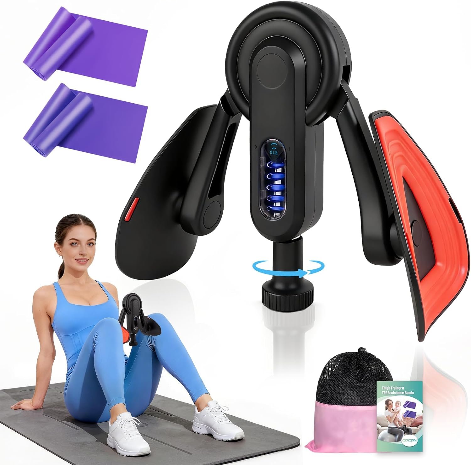 Inner Thigh Exerciser for Women, 15-80 LB Adjustable Resistance Thigh Trainer with Resistance Band(2PC), Thigh Workout Kegel Equipment for Pelvic Floor Muscle, Shaping, Yoga & Home Fitness