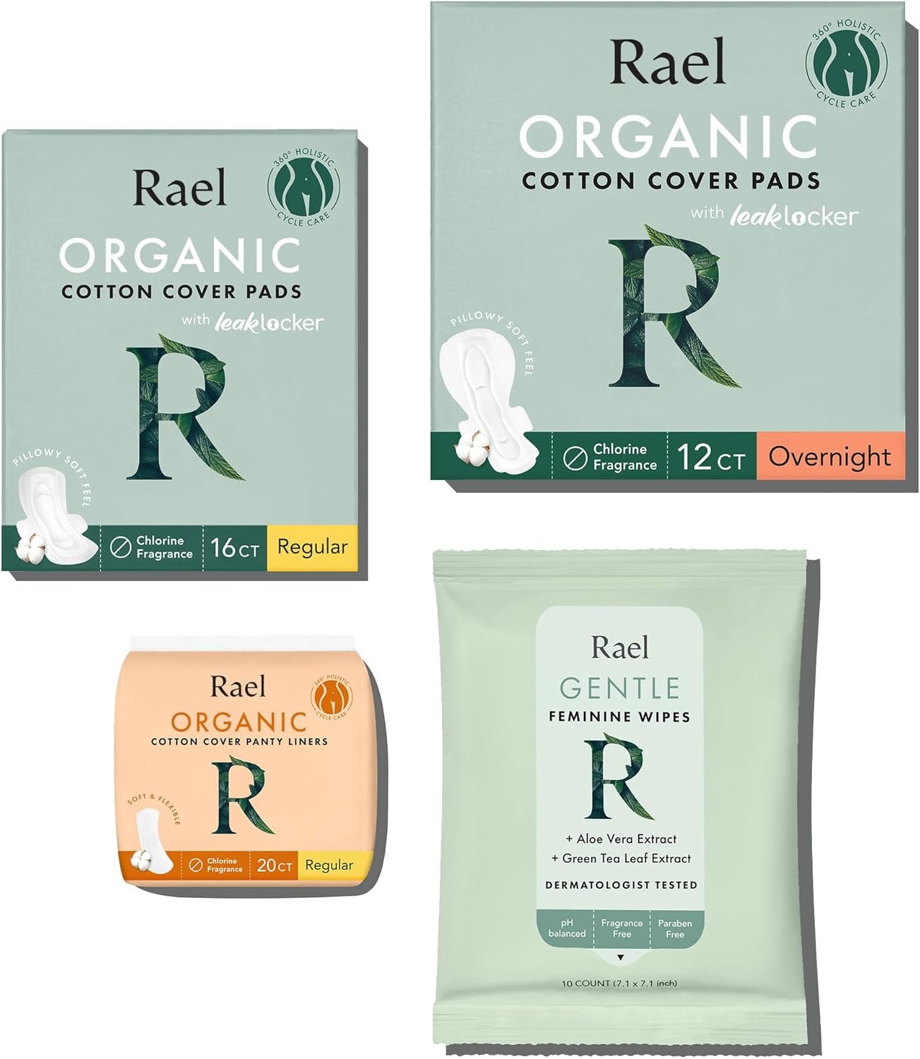 Rael Feminine Care, Period Essential for Women – Organic Cotton Cover Regular & Overnight Pads for Women, Regular Panty Liners and Feminine Wipes