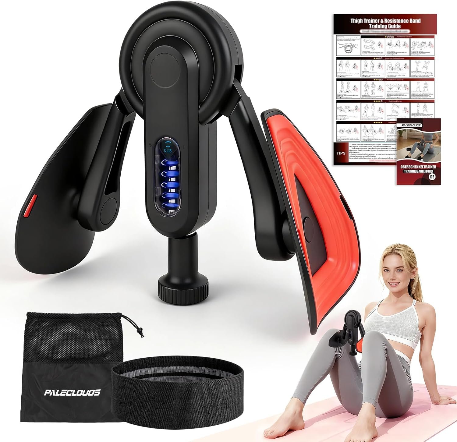 Thigh Trainer for Women, 10-100lb Adjustable Resistance Inner Thigh Exerciser with Leg Band & Poster for Kegel Exercise, Pelvic Floor Trainer for Postpartum Rehabilitation Home Gym