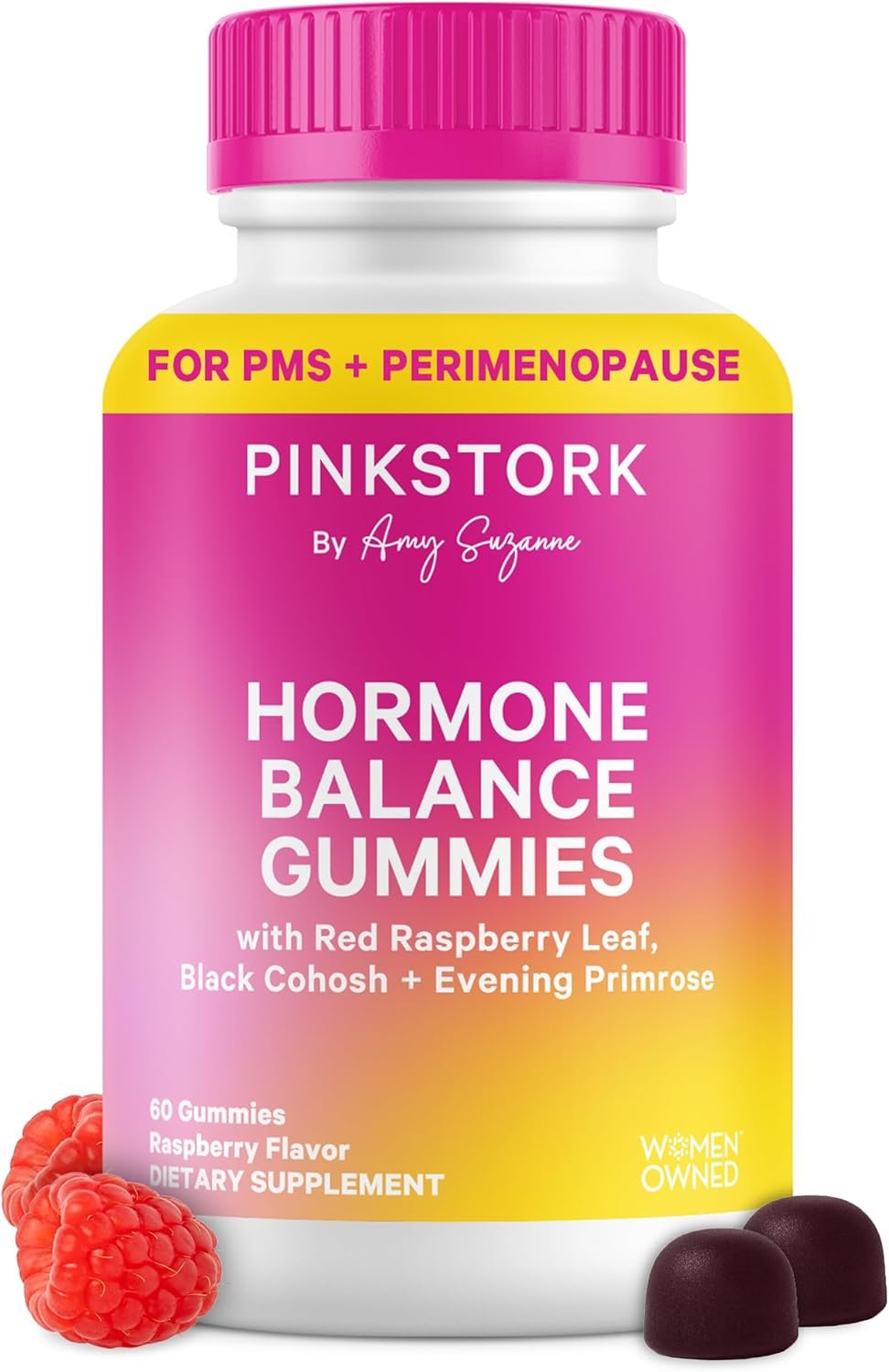 Pink Stork Hormone Balance Gummies for Women – PMS, Menopause & Estrogen Support – Mood, Bloating, Hot Flashes & Energy – Red Raspberry Leaf, Black Cohosh, Primrose – 60 Vegan Gummies