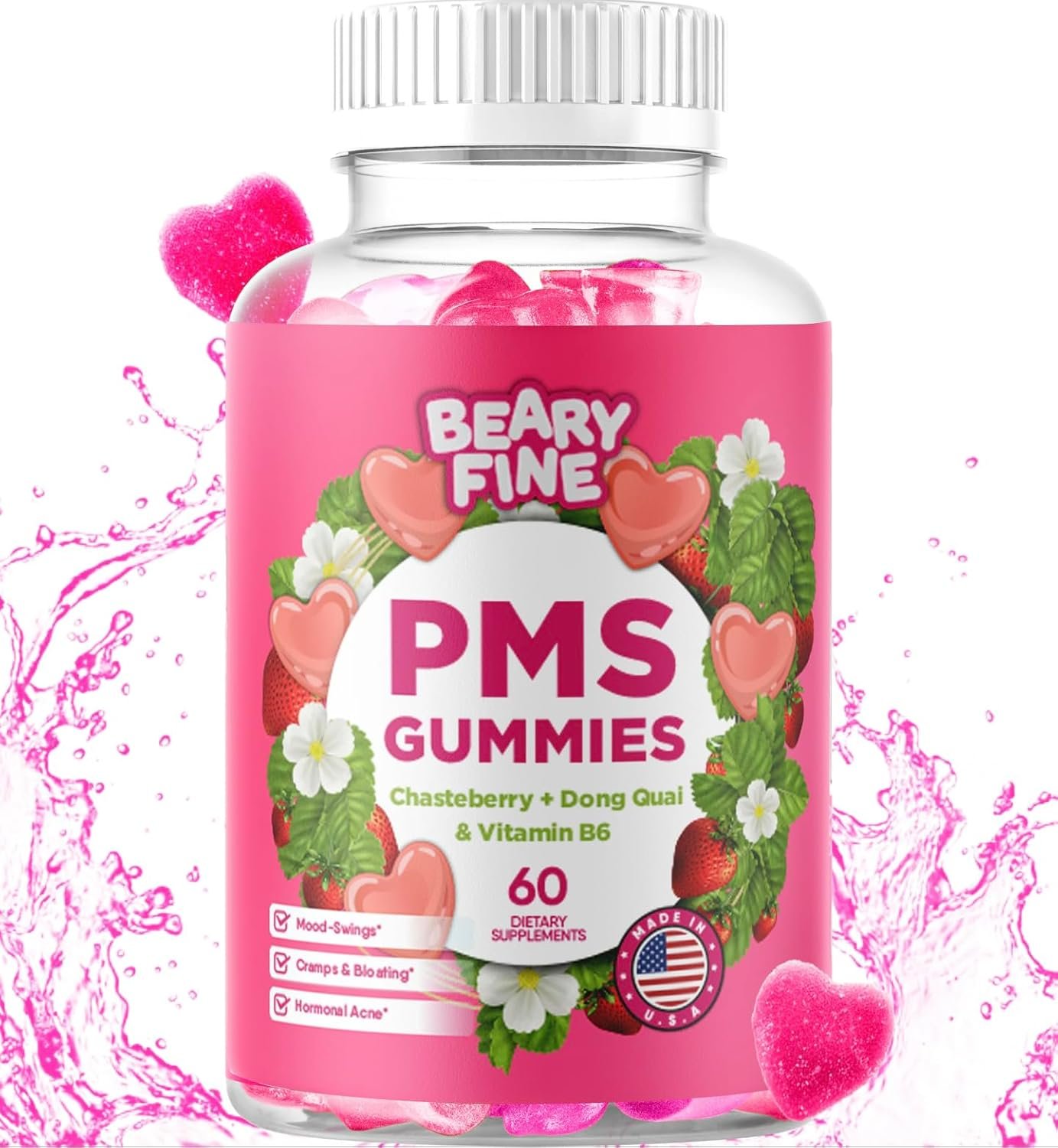 PMS Gummies – PMS Vitamins for Women & Teens – PMS Period Relief – Cramping, Bloating, Mood Swings – Made in The USA (Strawberry, 60 Count)