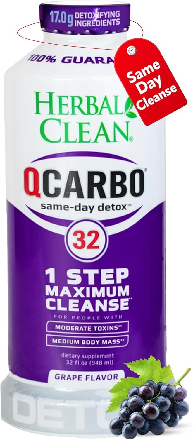 Herbal Clean Qcarbo32 Same Day Detox Cleanse Drink (32 fl oz) – Grape Flavor Full Body Cleanse* Detox Drink for Moderate Toxin Level*, Vitamin B2 and Vitamin B12 for Men & Women