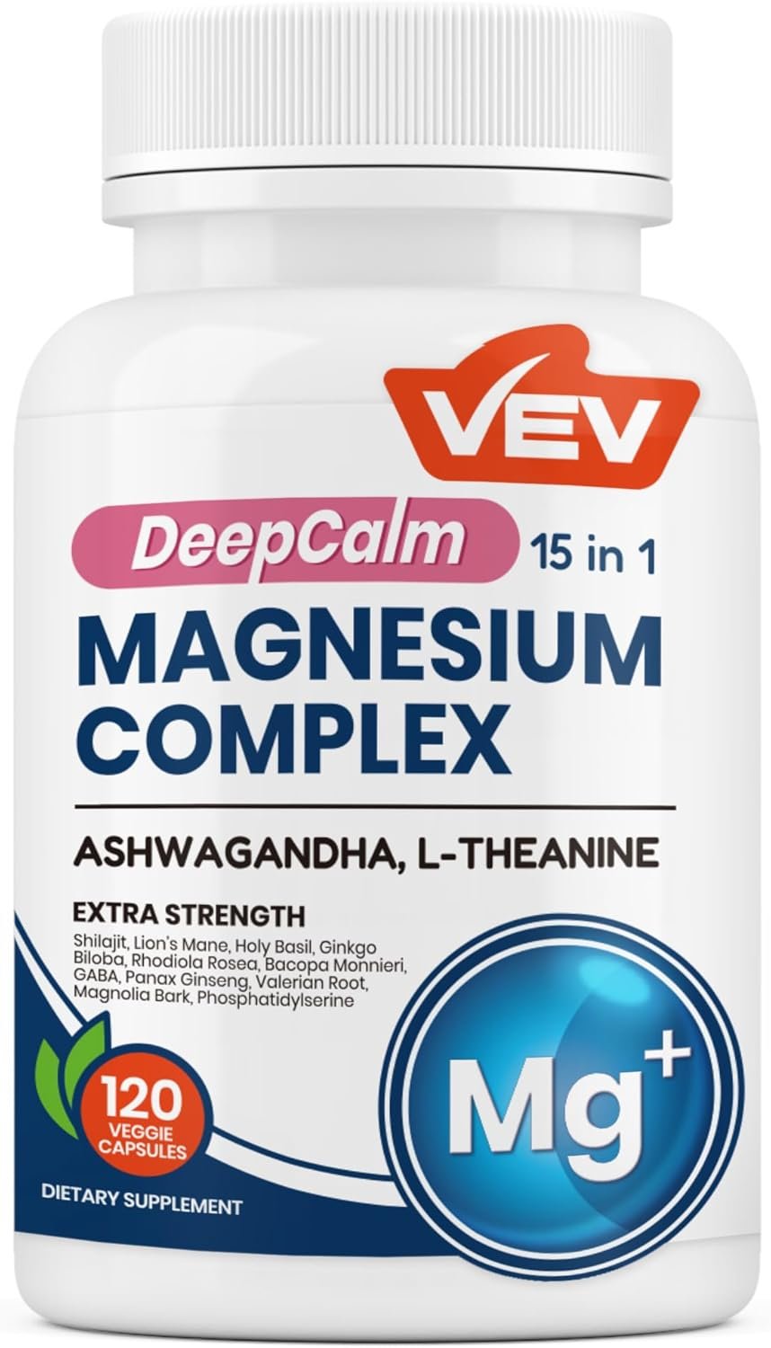 VEV DeepCalm Magnesium Complex for Women – 15-in-1 Glycinate & Citrate Capsules with Ashwagandha & L-Theanine – 120 Vegan Capsules
