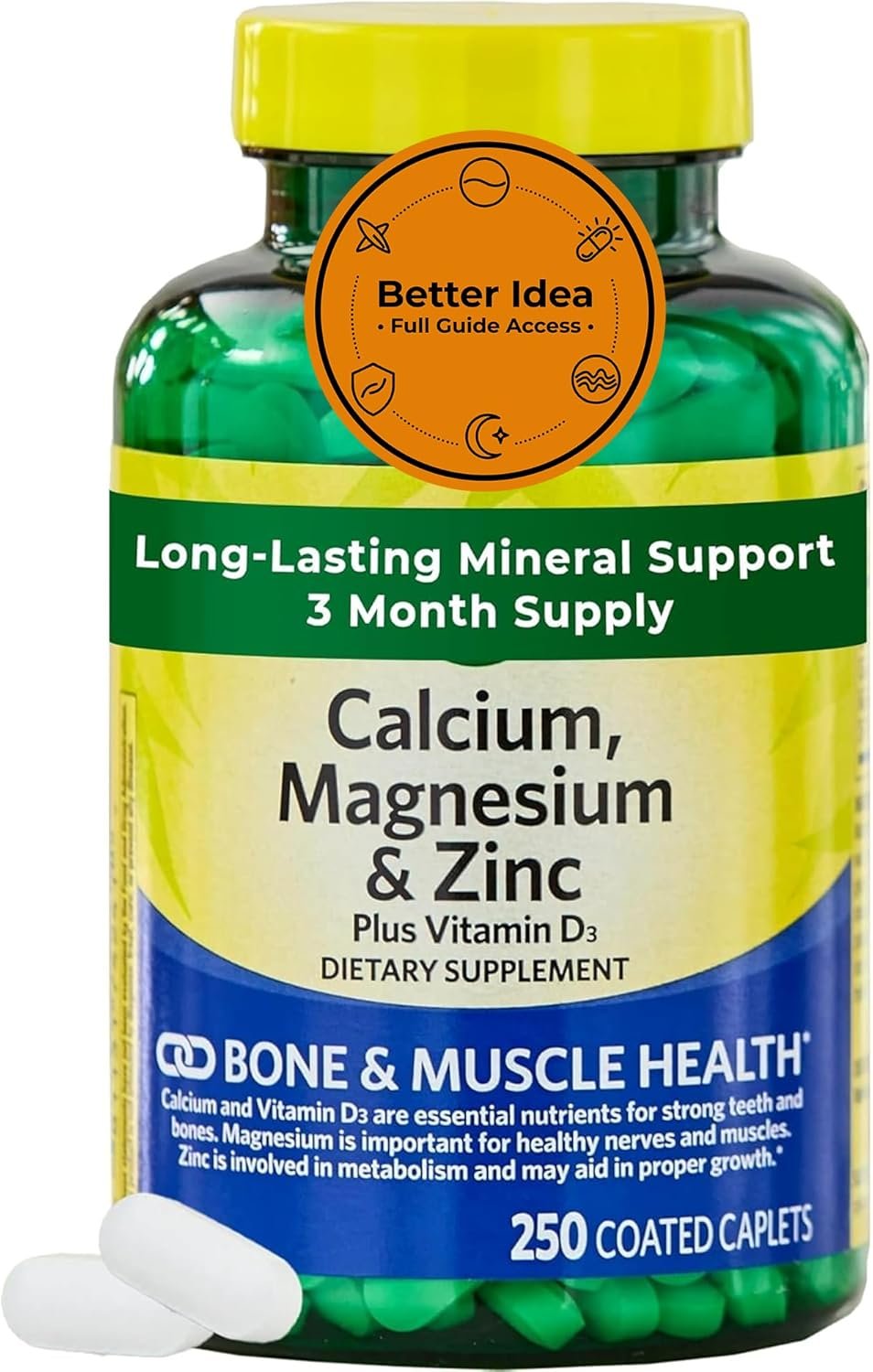 Calcium, Magnesium & Zinc Plus Vitamin D3 – 250 Coated Caplets (Nearly 3-Month Supply) – Bone, Muscle & Immune Support – 1000 mg Calcium, 400 mg Magnesium, 15 mg Zinc, 600 IU D3 – Gluten Free