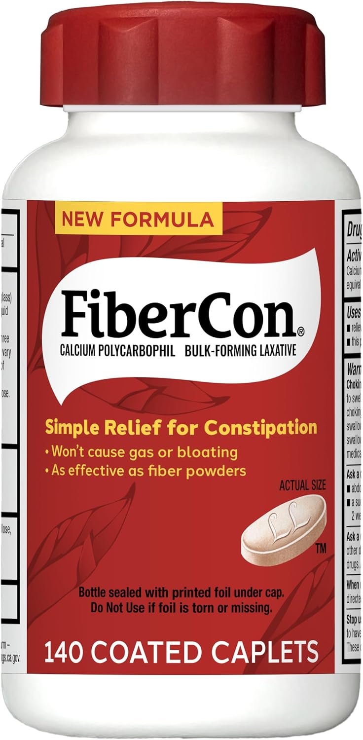 FiberCon Fiber Therapy Coated Caplets, Safe, Simple & Comfortable Insoluble Fiber Product for Bowel Irregularity, Occasional Constipation Relief With No Gas or Bloating, 140 Caplets