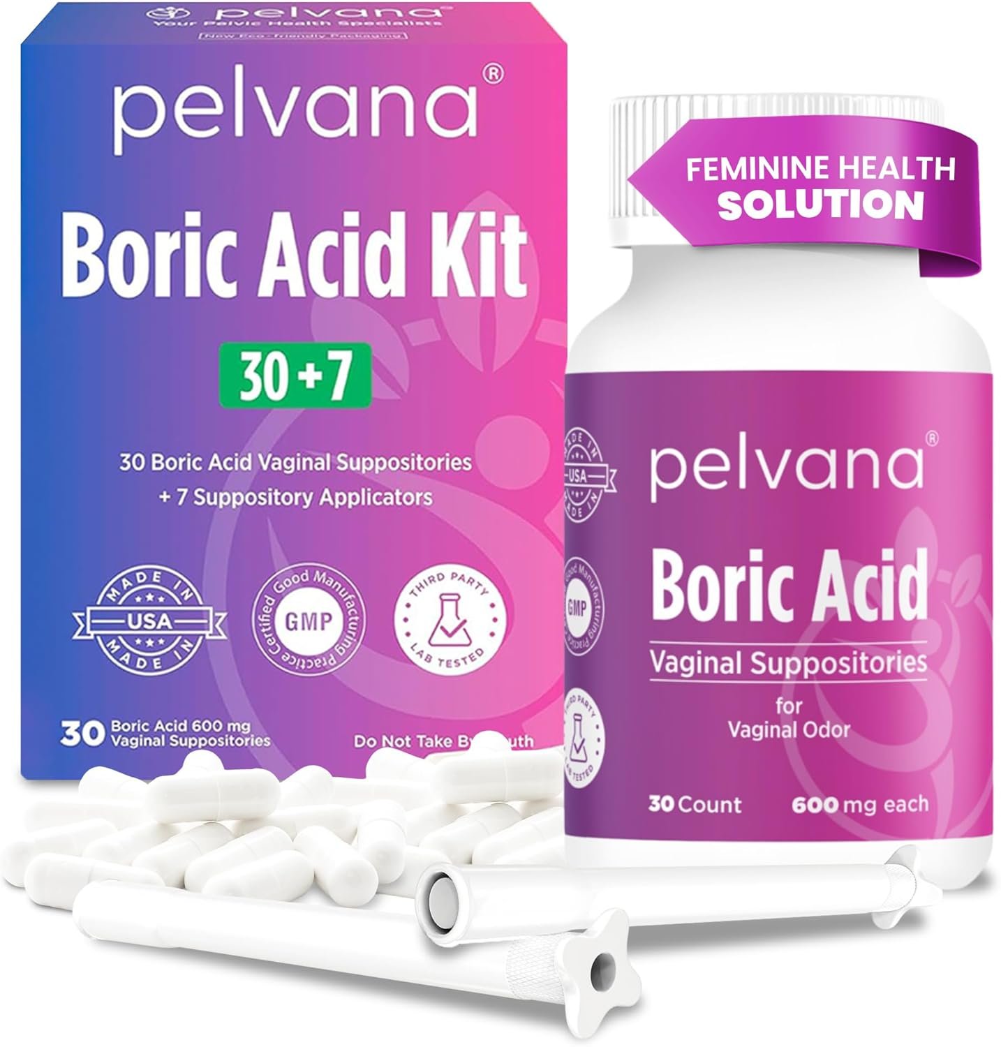 Pelvana Boric Acid Suppositories for Women – 30 Count + 7 Applicators – 600mg Boric Acid Capsules for Vaginal Odor Use
