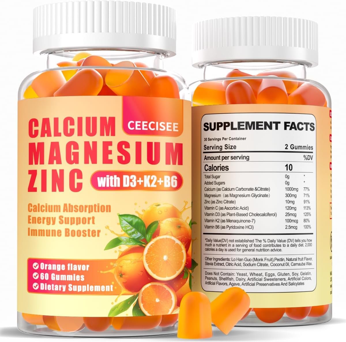 Calcium Magnesium Zinc Gummies with D3 &B6 &K2,1000mg Calcium Gummies with 300mg Magnesium Support Immune Energy for Adults and Teens,Sugar Free(120Count)