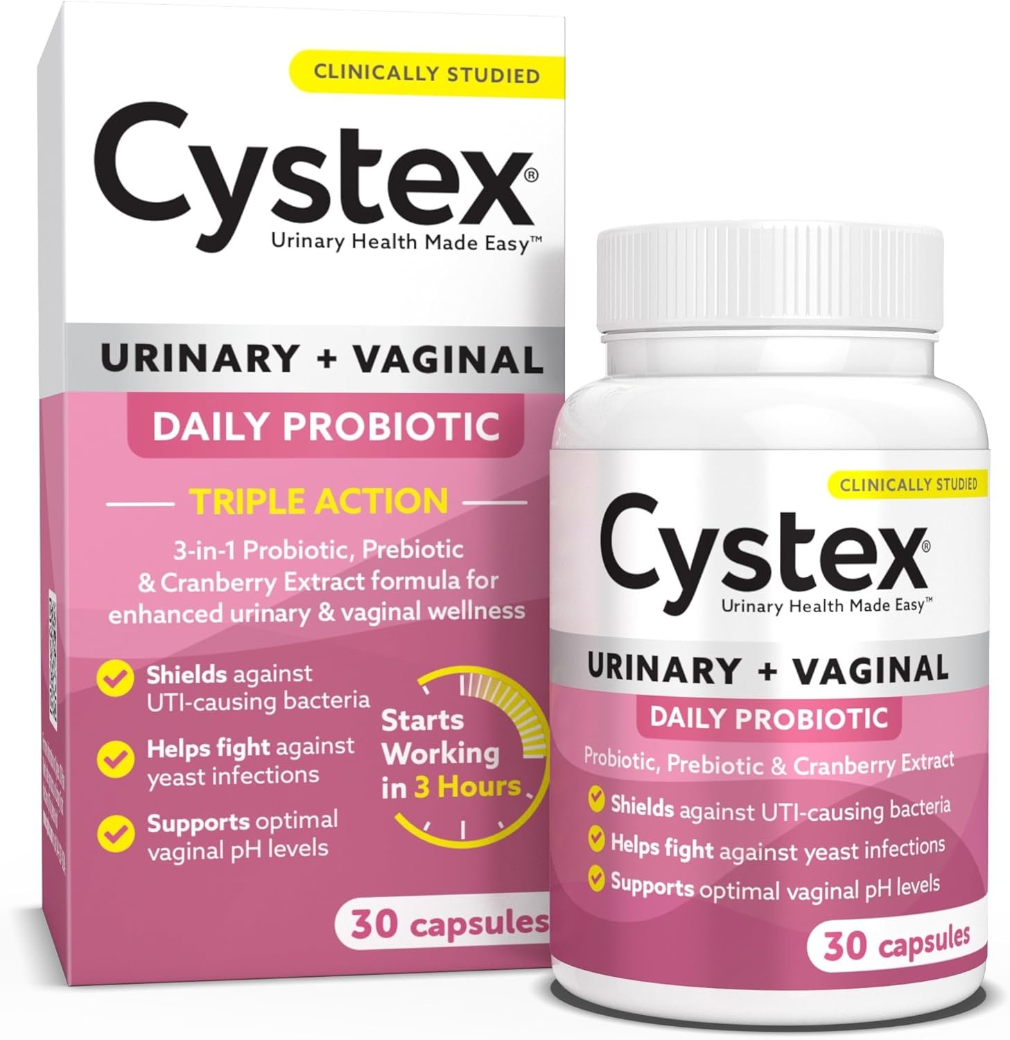 Cystex 3-in-1 Urinary Tract Probiotic for Women – Fast-Acting UTI & Yeast Infection Support with Prebiotics, Probiotics, & Cranberry – Supports Vaginal pH & Flora Balance – 30 Capsules