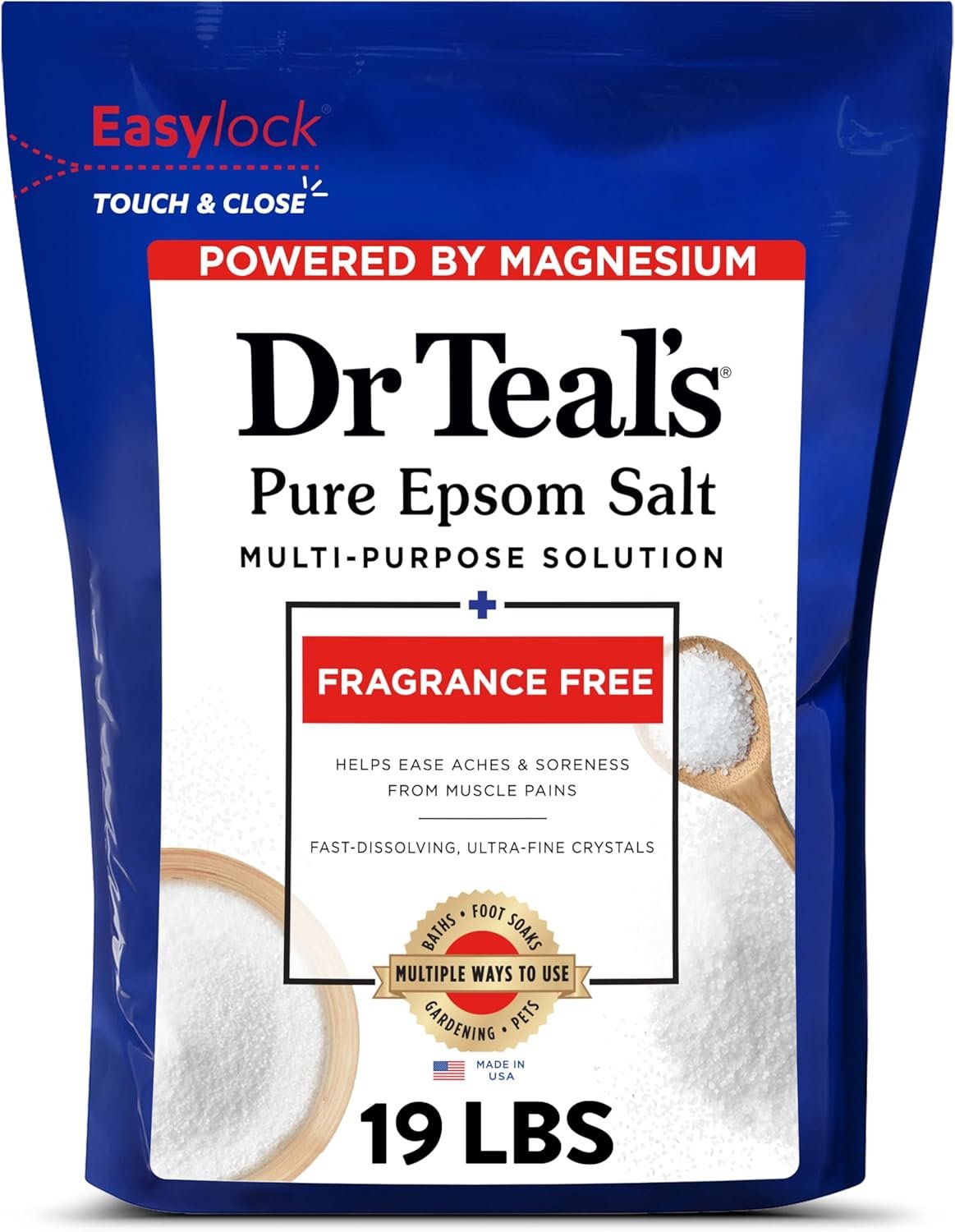 Dr Teal’s Pure Epsom Salt Bulk Magnesium Sulfate USP, Fragrance Free, 19 lbs