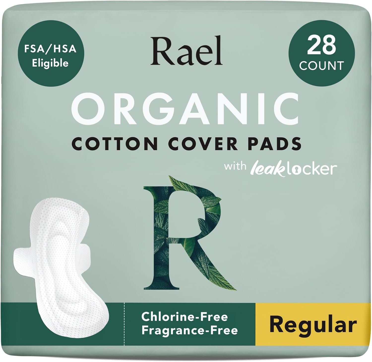 Rael Organic Cotton Cover Pads – Regular Absorbency, Unscented, Ultra Thin Pads with Wings for Women (Regular, 28 Count)