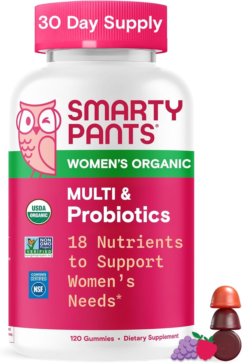 SmartyPants Organic Women’s Multivitamin Gummies: Biotin, Probiotics, Methylfolate, Omega 3 (ALA), Vitamin D3, C, Vitamin B12, B6, A, K & Zinc, Inositol, Gluten Free, 120 Count (30 Day Supply)