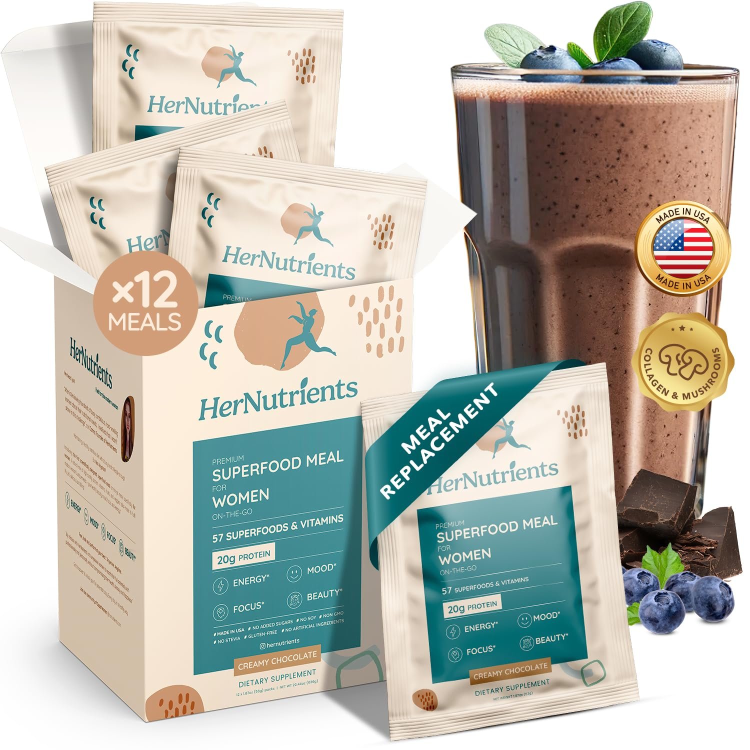 SuperFood Meal Replacement for Women – All-In-One Protein Powder with Greens & Vitamins & Collagen | Chocolate Protein Shake & Supplement Snack for Women’s Health, Energy, Focus, Beauty, Mood, No Added Sugar ​(12 Packets On-The-Go, Chocolate)