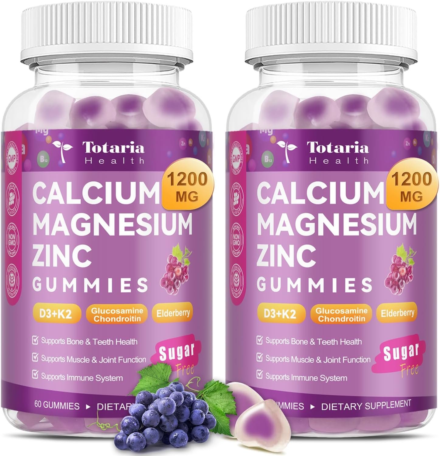 2 PCS Totaria Sugar Free Calcium Citrate Magnesium Zinc Gummies for Women Men, with D3, Boron, B12, Ashwagandha, 19-in-1 Ultimate Absorption Calcium 1200 mg Supplements for Bone, Muscle, Calm, Vegan