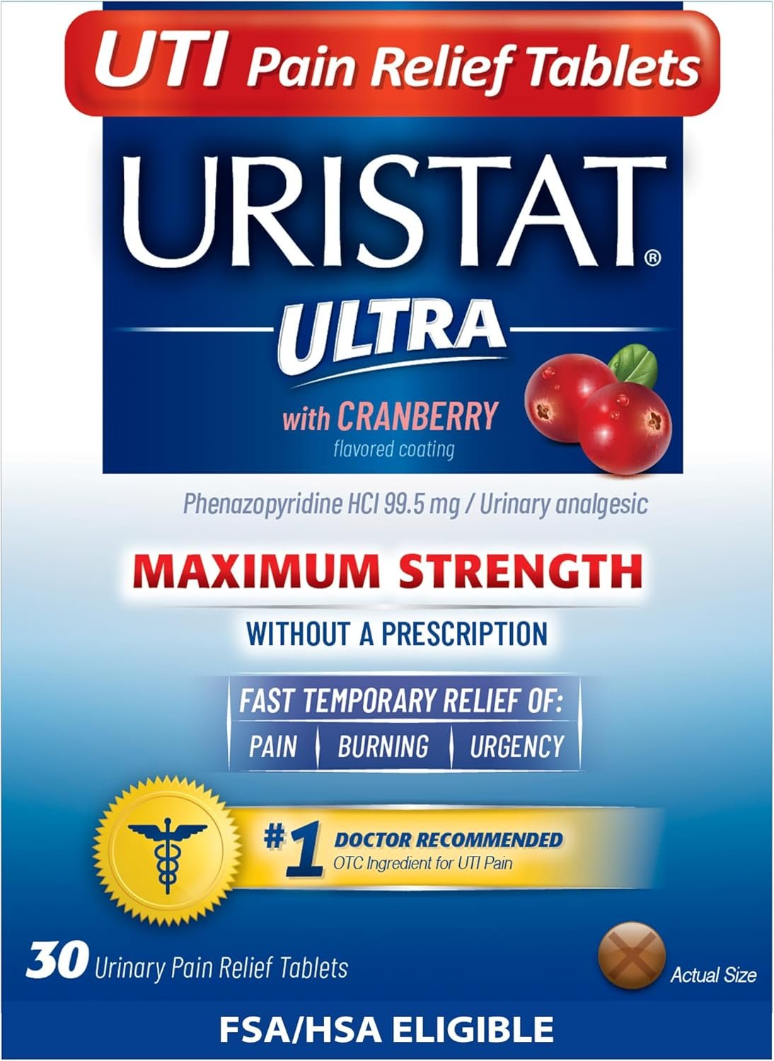 Uristat Ultra Strength UTI Relief Tablets – Ease Urinary Pain, Burning & Urgency, Cranberry Flavor, 30 Count