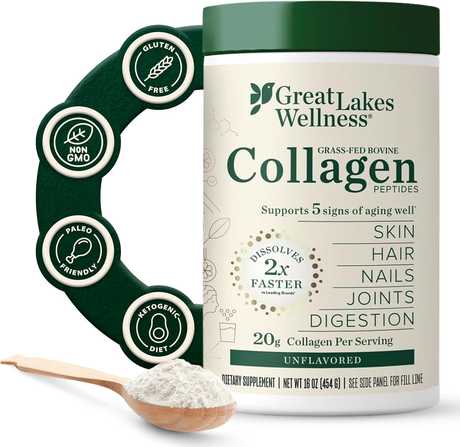 Great Lakes Wellness Collagen Peptides Powder – Supports Skin, Hair, Nails, Joints & Digestion – Hydrolyzed, Quick Dissolve, Non-GMO, Keto & Kosher – Pure Collagen Protein (16 oz, 22 Servings)
