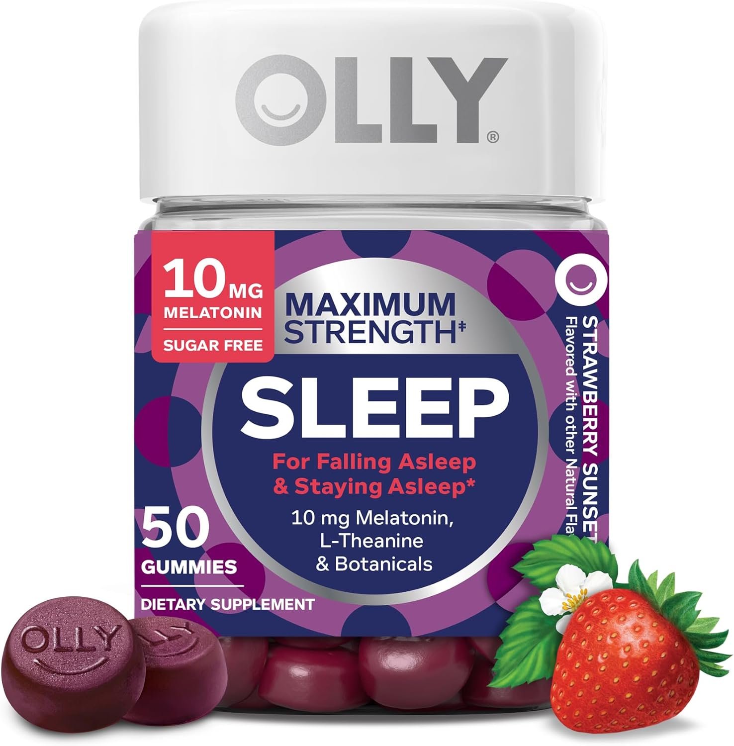 OLLY Max Strength Sleep Gummy, 10mg Melatonin, L-Theanine, Chamomile, Lemon Balm, Sugar Free, Vegetarian Sleep Aid, Strawberry – 50 Count