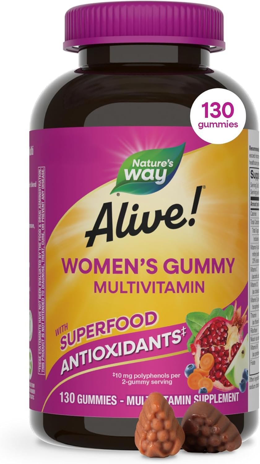 Nature’s Way Alive! Women’s Multivitamin Gummy, Daily Chewable Multivitamins for Women, Vitamins A, C, D3, E, B-Vitamins, Supports Immune, Heart, & Muscle Function*, Mixed Berry Flavored, 130 Gummies