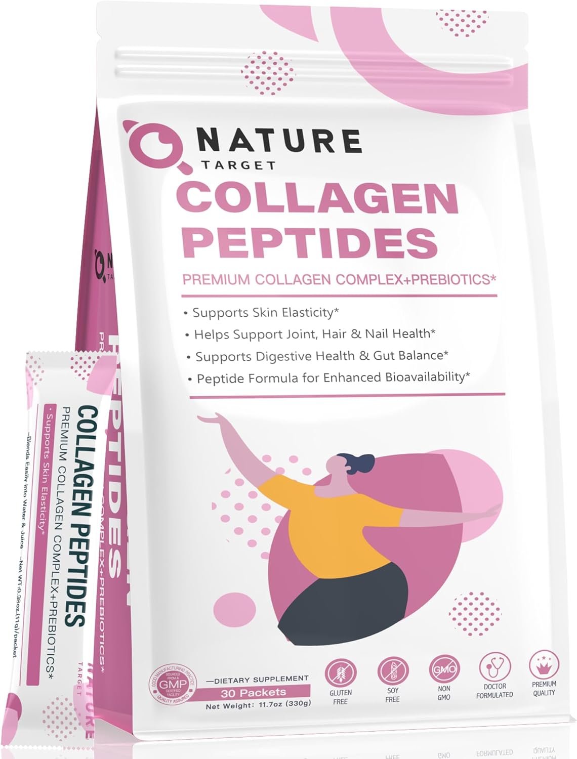 NATURE TARGET Multi Collagen Peptides Powder – Type I, II, III, V, X – Enhanced Absorption, Hydrolyzed Collagen Peptides with Prebiotics, Sugar-Free, Skin Hair Nail & Joint Support, Non-GMO