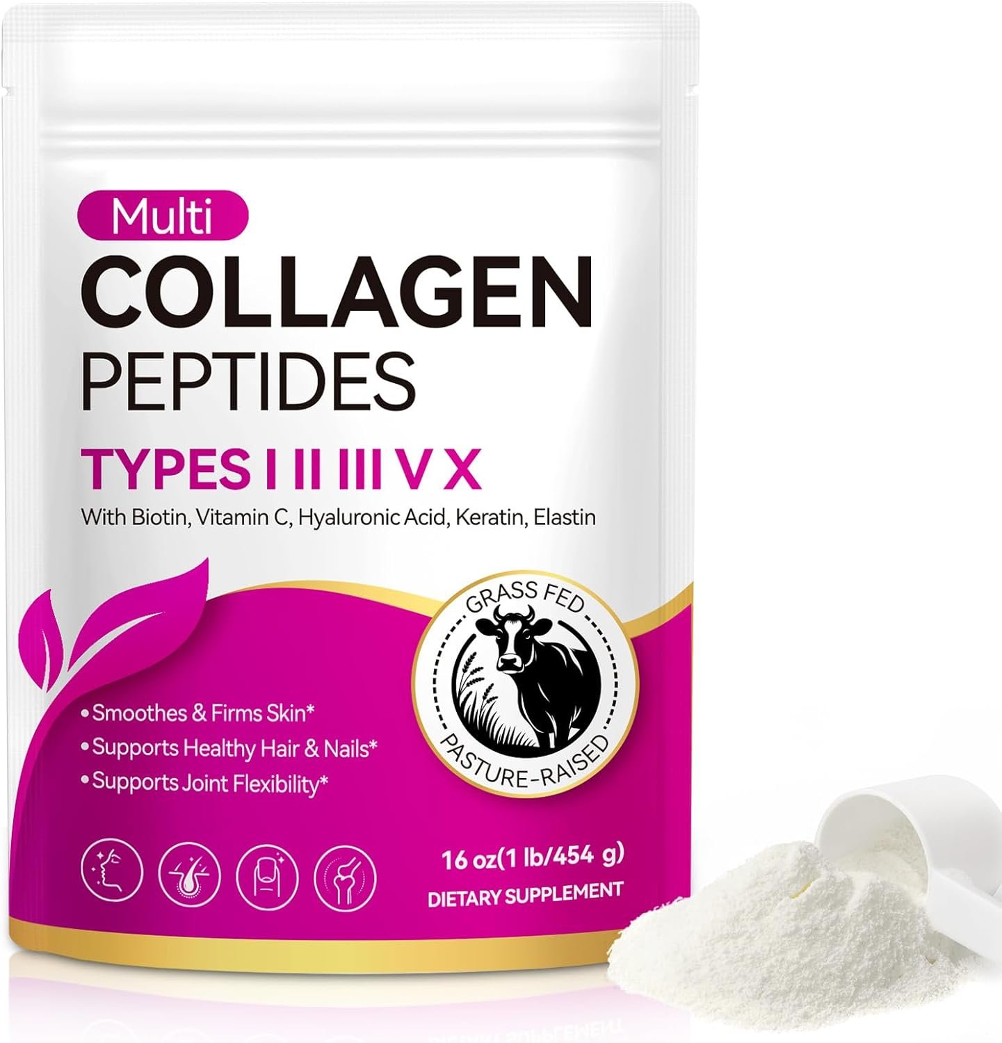 Multi Collagen Peptides Powder | Types I, II, III, V, X | 16 Oz (41 Servings) Hydrolyzed Collagen Peptides | Supports Healthy Skin, Joints, Hair, and Nails | Unflavored & Dissolves Easily