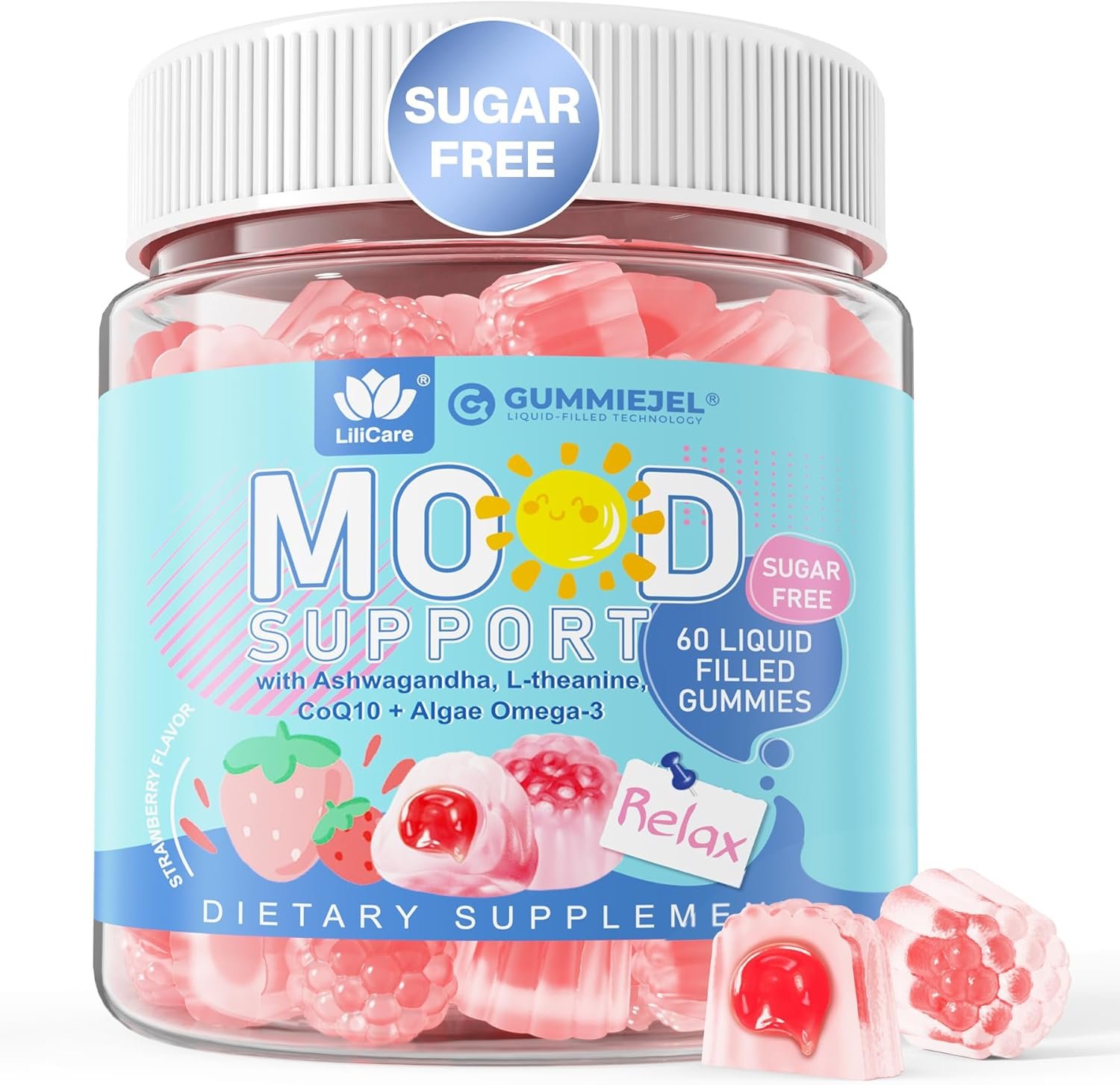 Ashwagandha Saffron Calm Gummies + Omega 3, L-Theanine & CoQ10 for Women Men, Natural Calming Happy Relax Gummies for Adults, Mood Support Supplement Gummy, Strawberry Flavor, Sugar Free, Vegan, 60ct