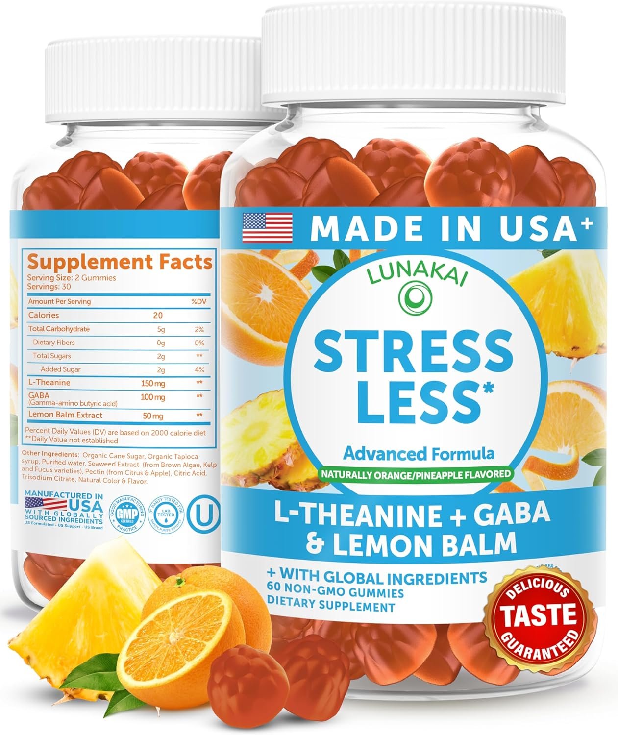 Lunakai USA Made Calm & Stress Relief Gummies – Delicious GABA + L-Theanine Calming Supplement for Adults & Kids – Natural Stress Support, 60ct