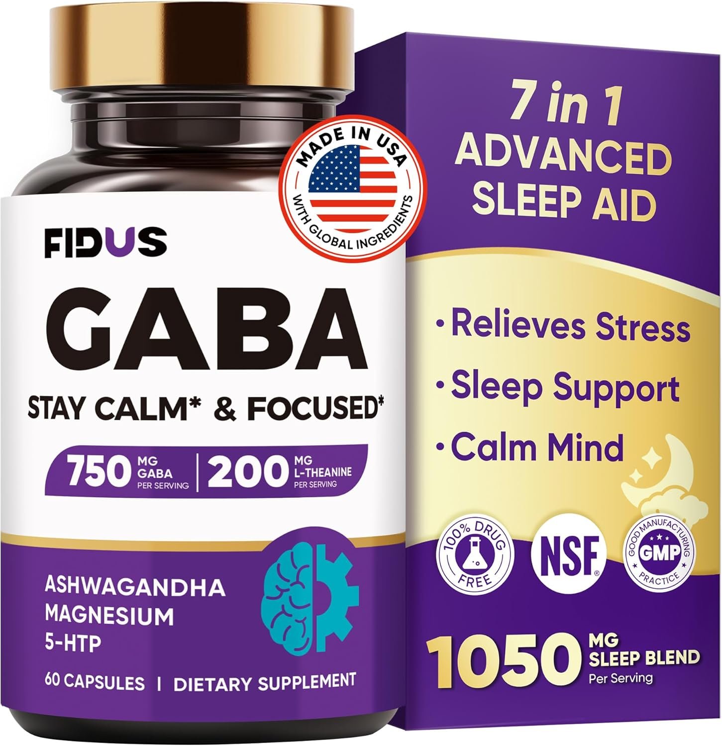 GABA L-Theanine Ashwagandha – 1050mg Blend – Made in USA – Advanced Sleep Aid & Calm- Magnesium, 5-HTP, Vitamin B6 & B12, GABA (Gamma Aminobutyric Acid) Supplement – Melatonin-Free & Non-Habit Forming