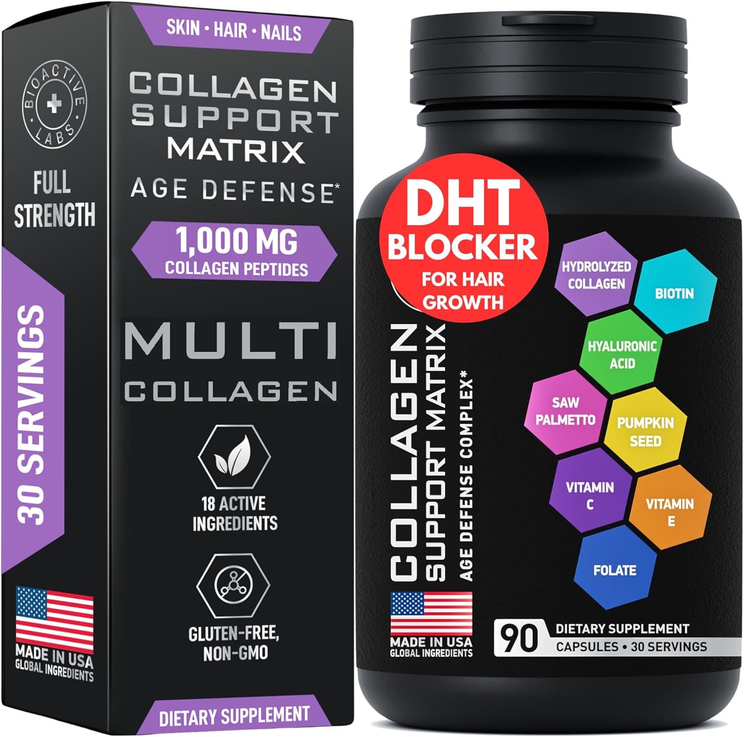 Age Defense Beauty Collagen Matrix – 2,000mg Multi Collagen Biotin Keratin Hyaluronic Acid Saw Palmetto Vitamin C Supplement Complex – DHT Blocker for Men & Women for Hair Growth – 90 Gluten-Free Caps