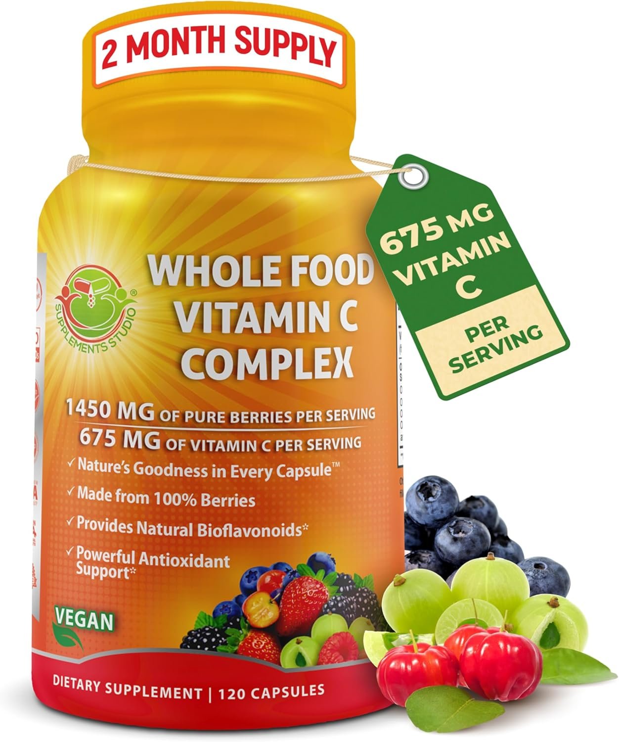 Whole Food Vitamin C Complex – 1450mg Organic Berries – 675 mg Vitamin C per Serving, High-Potency Antioxidant & Immune Support with Acerola, Amla and Natural Bioflavonoids – Vegan, Non-GMO, 120 Count
