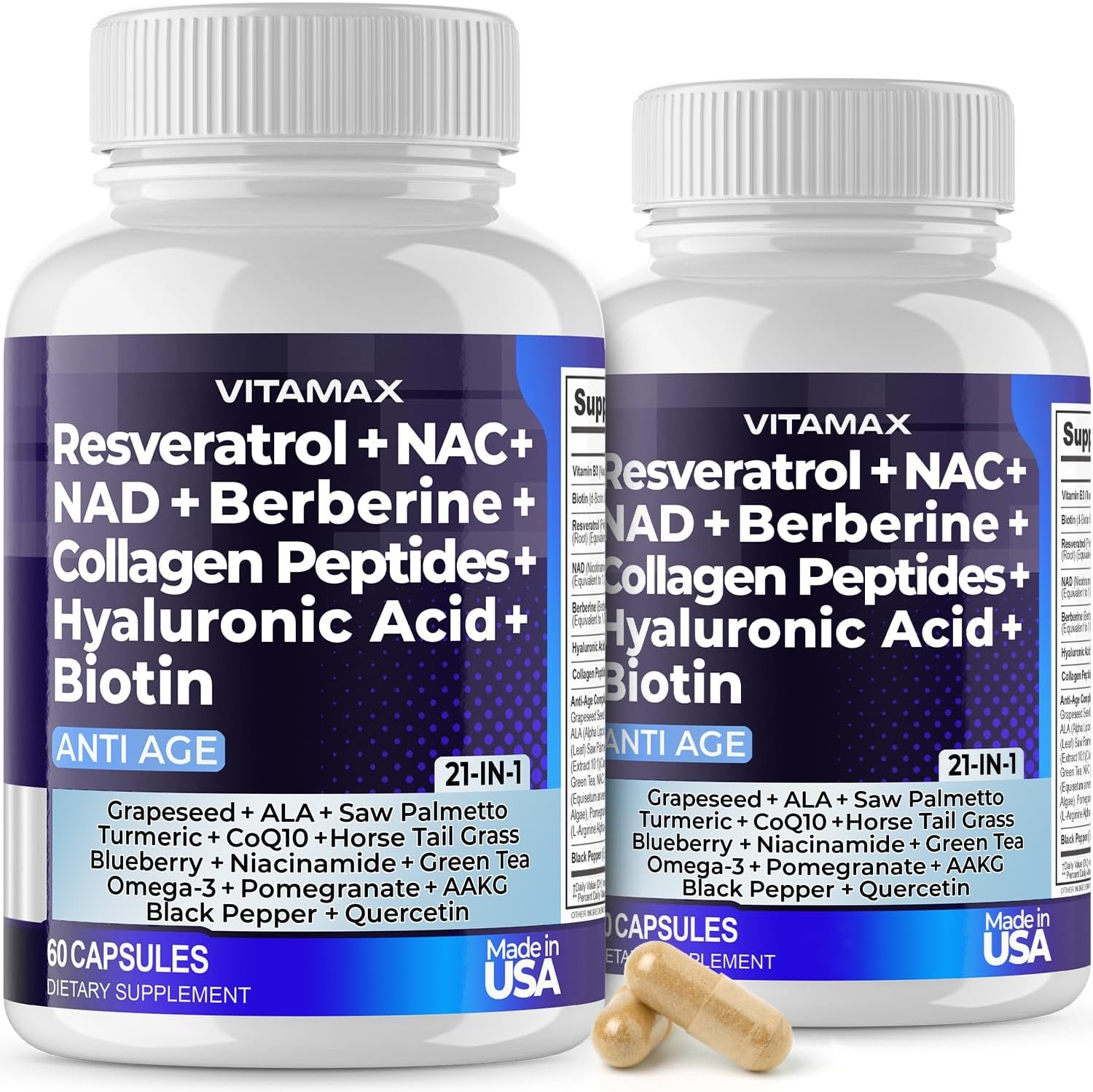Vitamax Resveratrol NAD+ Berberine Hyaluronic Acid – Biotin Grape & Blueberry + NAC – Collagen Peptides – Hair, Nail, Skin & Joint Supplement – 21-in-1 Women and Men – Made in USA – 120 Count