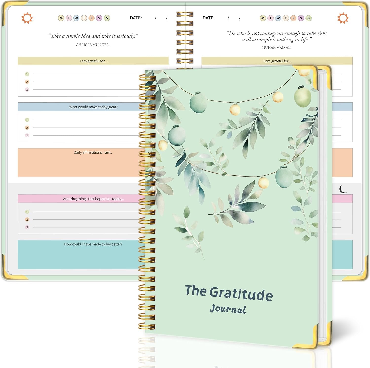 Gratitude Journal Hardcover,Colorful Layout Design for Women,Men,Teens, 5 Miunte Daily Gratitude Journal with Prompts for More Happiness, Mindfulness & Reflection, Daily Affirmations Spiral Bindding