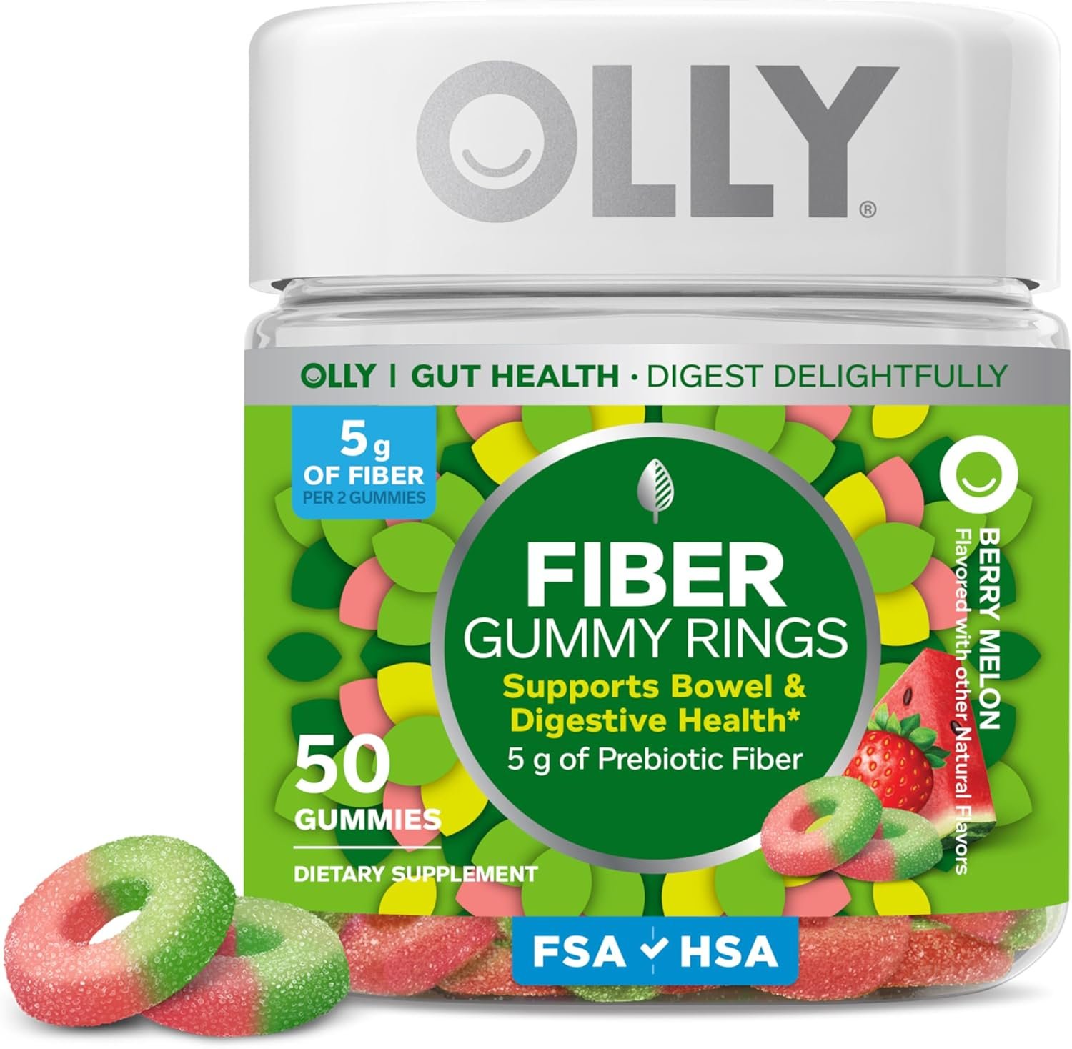 OLLY Fiber Gummy Rings, 5g FOS Prebiotic Fiber, Digestive Health Supplement,* Strawberry Watermelon Flavored, 25 Day Supply – 50 Count
