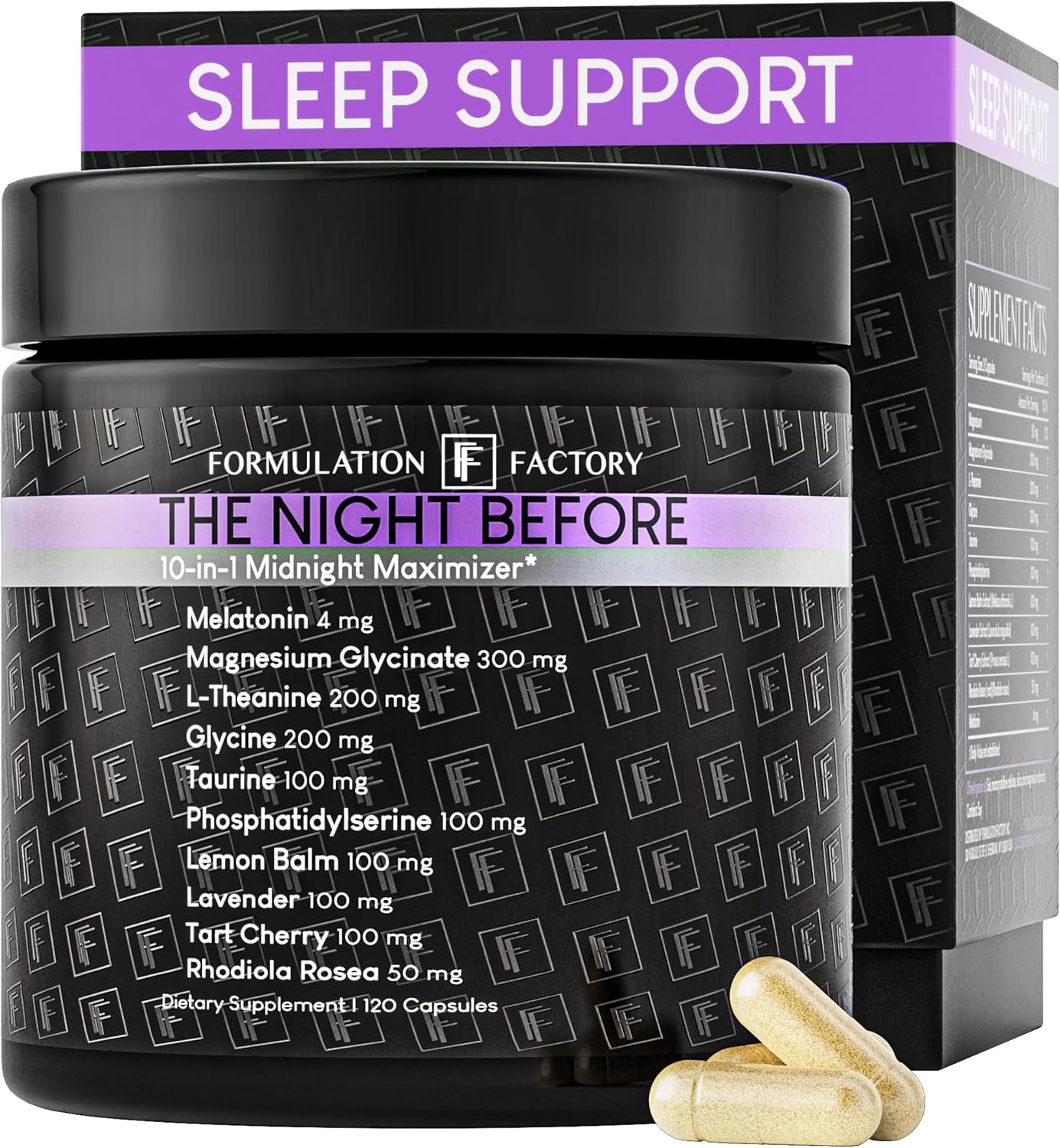 Formulation Factory The Night Before 10-in-1 Sleep Support | Melatonin 4mg, Magnesium Glycinate 300mg, L-Theanine, Glycine & More | Supports Relaxation, Calm & Recovery (120 Capsules 2 Month Supply)