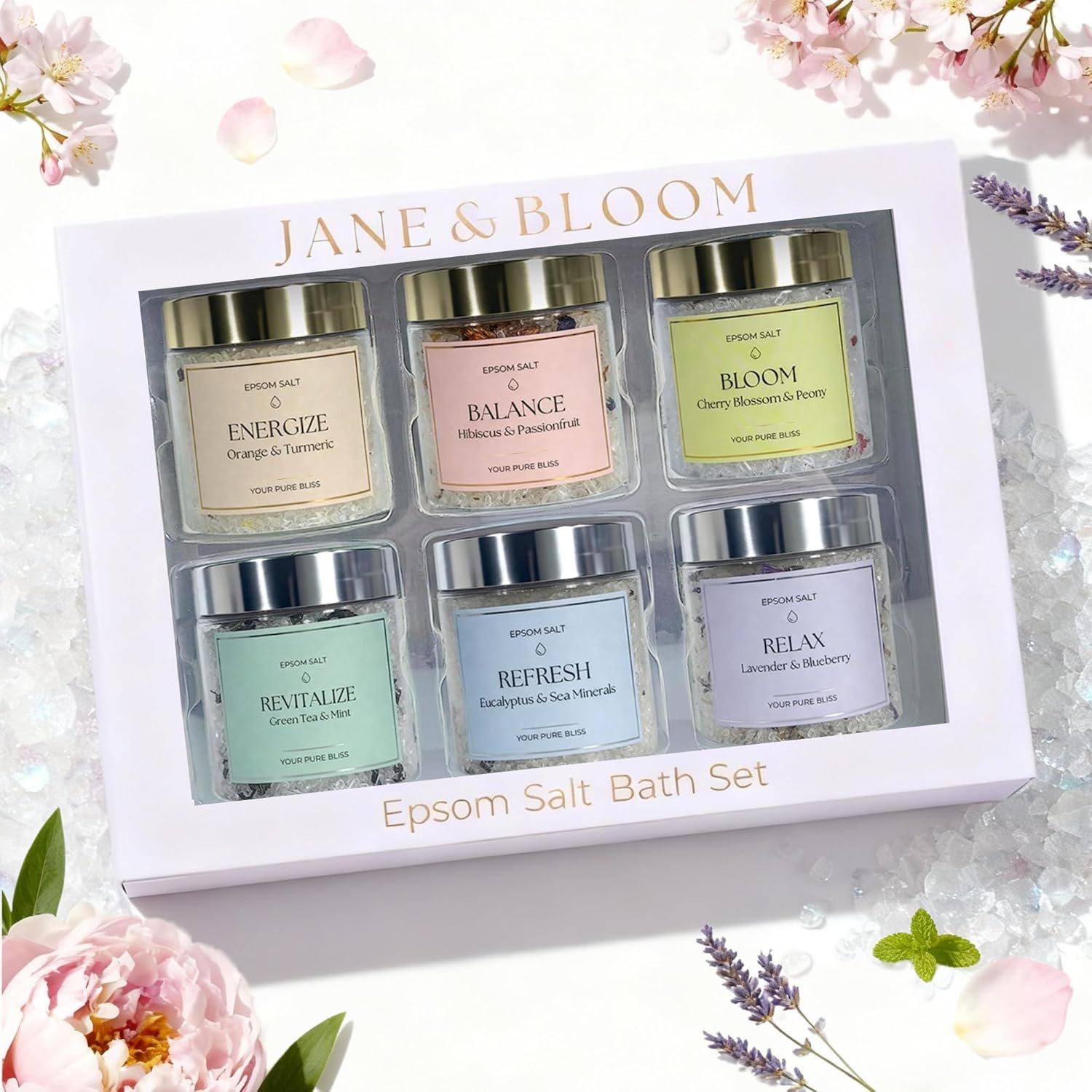 Epsom Salt Bath Gift Set – 6 Aromatherapy Blends with Essential Oils – Bath & Body Gift Set for Women, Stress Relief, Self Care, Birthday Gifts – Jane & Bloom