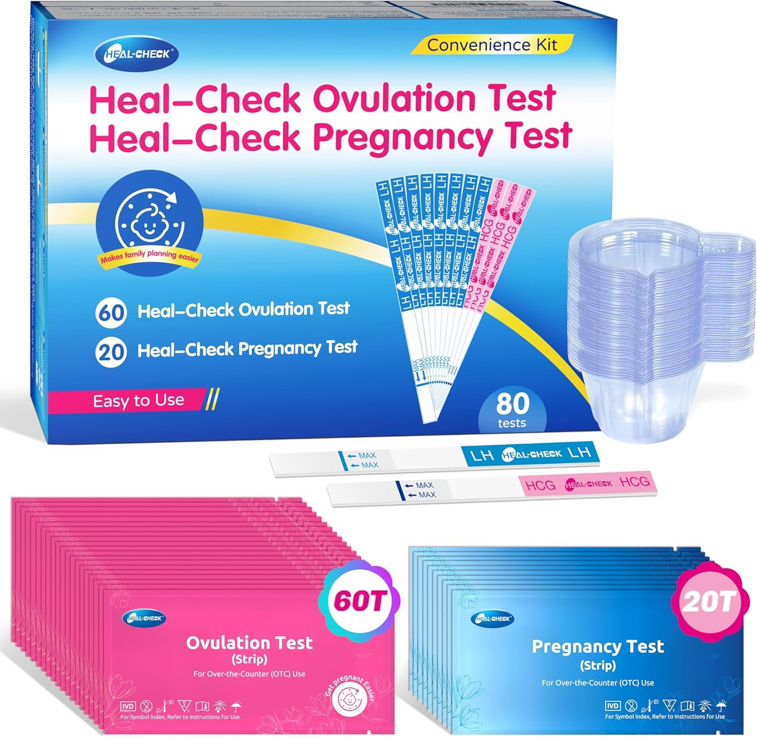 HEAL-CHECK 60 Ovulation and 20 Pregnancy Tests Strips with 80 Urine Cups, Fertility for Women TTC, Easy to Use at Home, Over 99% Accuracy, Individually Wrapped
