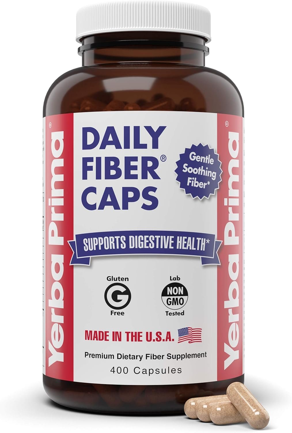 Yerba Prima Daily Fiber Caps Formula, 400 Capsules – Both Soluble and Insoluble – with Psyllium Seed Husks, Acacia Gum, Apple Fiber and More – Dietary Supplement