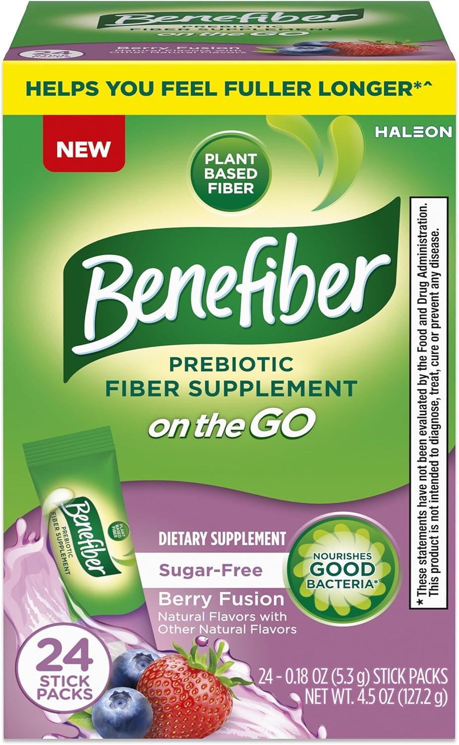 Benefiber GLP-1 Friendly Fiber Supplement, Berry Fusion, On the Go Stick Packs, 24 Count