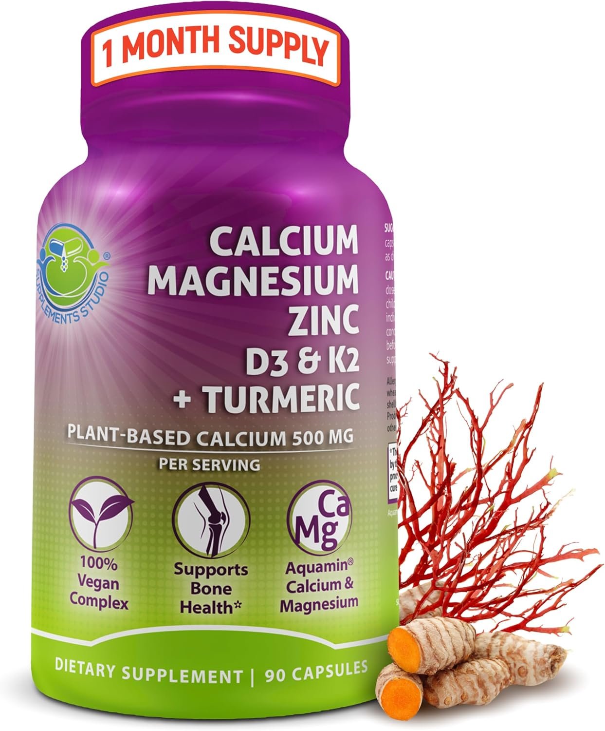 Plant-Based Calcium 500mg (Aquamin) – Vegan Calcium Magnesium Zinc D3 with Vitamin K2 & Organic Turmeric – Enhanced Bone and Muscle Health & Strength, Immune Support for Women & Men – 90 Count