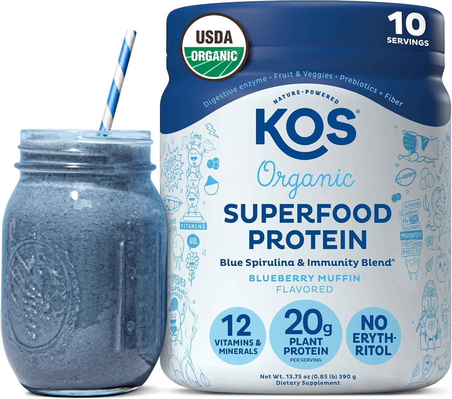 KOS Plant Based Protein Powder, Blueberry Muffin – Organic Pea Protein Superfood with Spirulina and Immune Support Blend. Soy, Gluten, Dairy Free – Vegan Meal Replacement for Women & Men – 10 Servings