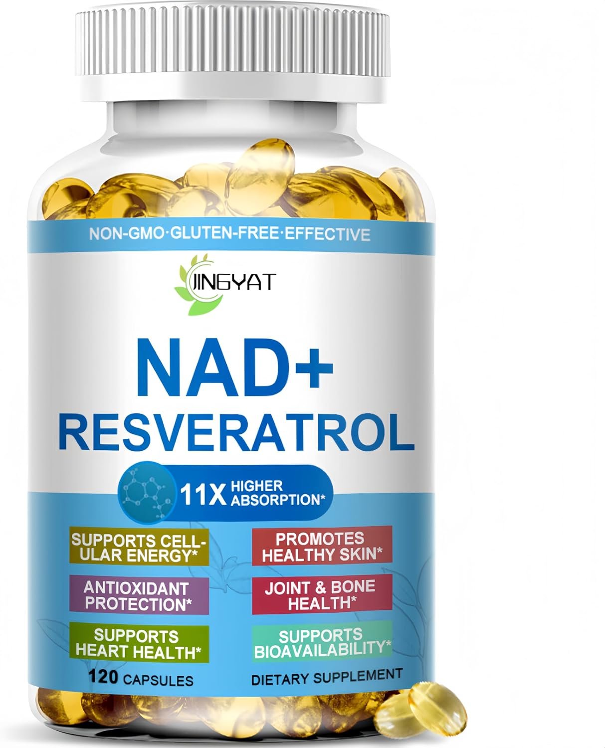 11-in-1 NAD Supplement with Resveratrol, CoQ10, Quercetin, Collagen, Grape Seed for Cellular Energy, Mental Focus & Antioxidant Support – NAD Supplement for Women & Men, 120 Soft Capsules
