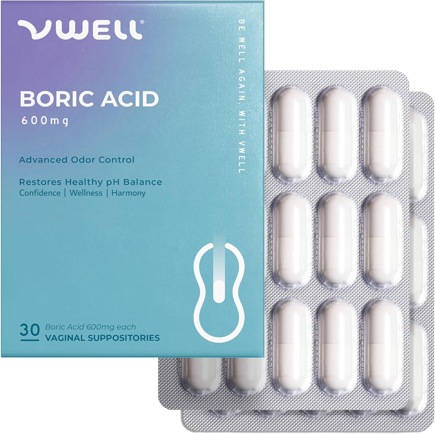 VWELL Boric Acid Vaginal Suppositories – Homeopathic Solution Maintains and Balances Healthy Vaginal pH & Microbiome Intimacy – Doctors Recommended (One Size, 30, Count)
