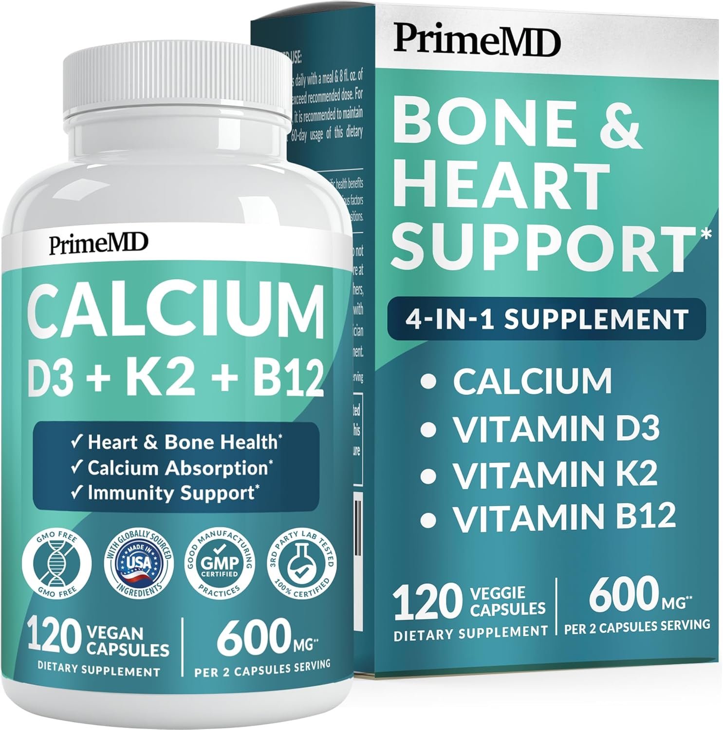 4-in-1 Calcium Supplements for Women & Men – Calcium Citrate with D3 K2 Vitamin 5000 IU – Calcium 600mg with Vitamin D3 K2 – Everyday Vitality Supplement – Vegan-Friendly, Gluten-Free (120 Capsules)