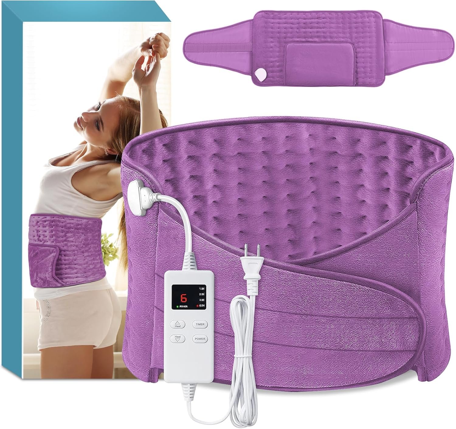 Heating Pad Back Pain Relief Electric Heating Pad for Period Cramps Lower Back Neck Shoulders Pain Relief 6-Hour Auto Off 12×24 Heated Pad + 20″ Belt 4 Timer 6 Heat Level Wrap (Lilac)