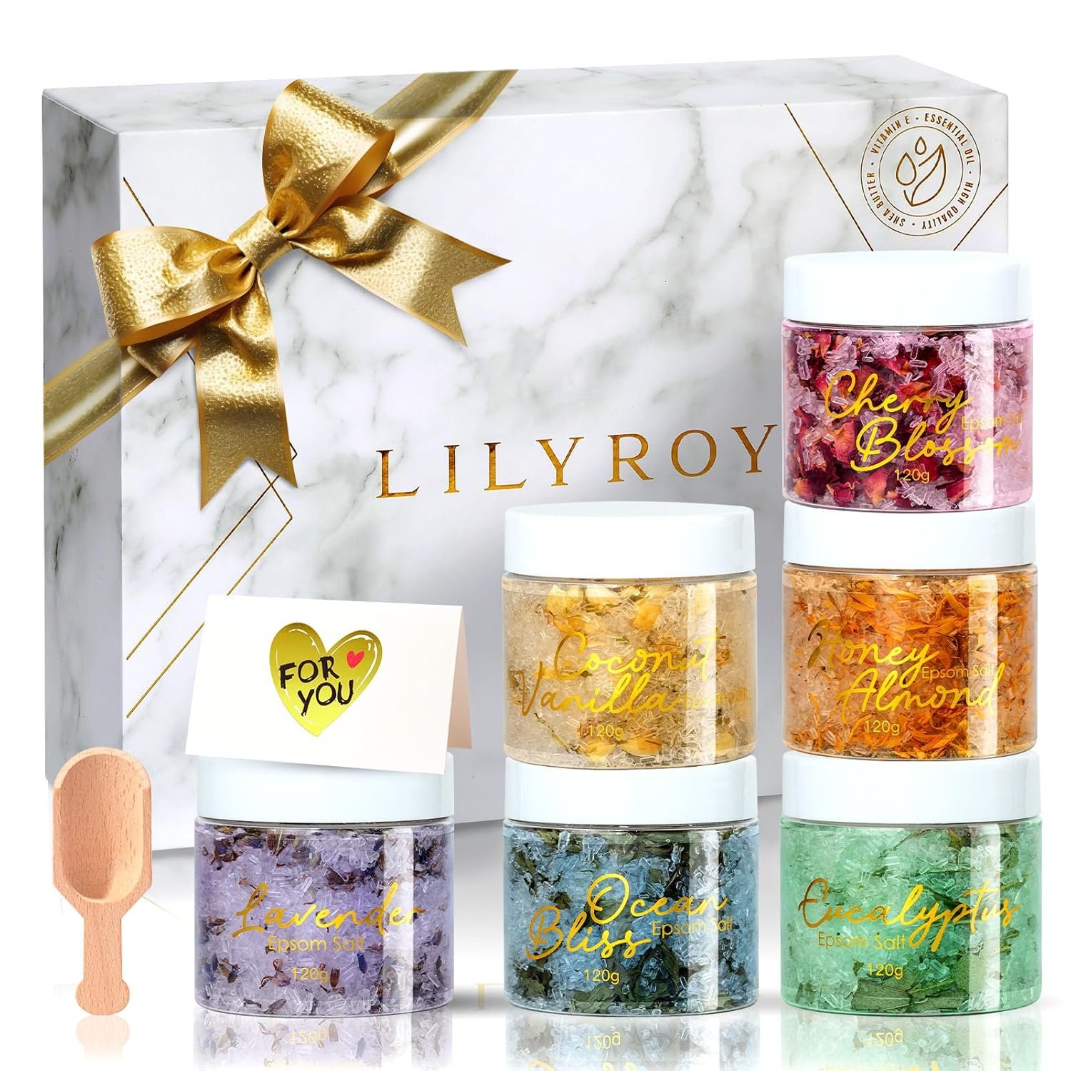 Mothers Day Gifts for Women – 9-Piece Floral Epsom Salt Gift Set for Women with 6 x 120g Epsom Salt, Bath and Body Gift Set in Elegant Box | Christmas, Valentines Day, Birthday Gifts for Men