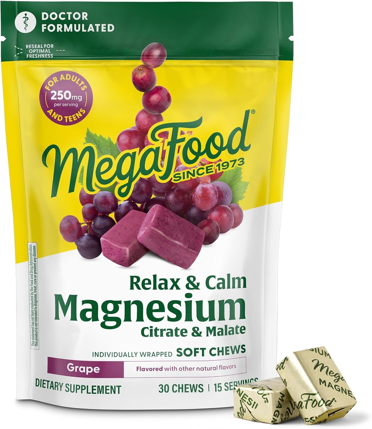 MegaFood Relax + Calm Magnesium Complex with Magnesium Citrate & Malate for Heart Health, Muscle Tension & More – Doctor Formulated – Vegetarian – Grape Flavor – 30 Soft Chews (15 Servings)
